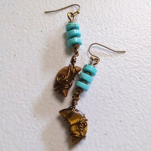 Wire Wrapped Tigereye Moon + Turquoise Howlite ~ One-of-a-kind Dangle Earrings - Picture 5 of 13